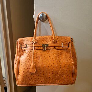 Penelope Ann Orange Ostrich Skin Faux Leather Handbag Purse Optional Strap NWT